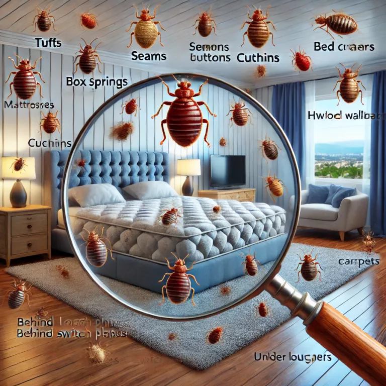 image of bed bugs (Cimex lectularius) magnified under a glass in a bedroom setting, showing their presence in multiple hiding spots such as tufts