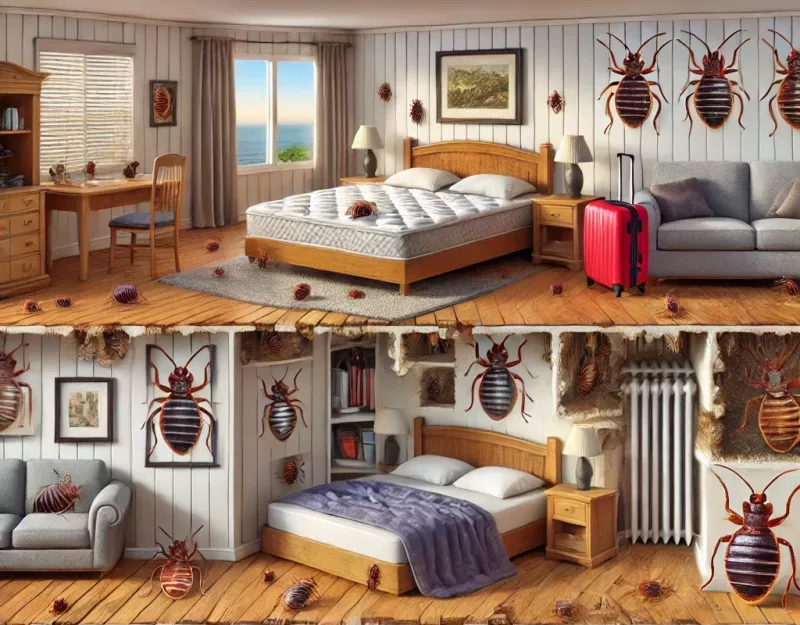 image of a bedroom with multiple hiding spots for bed bugs. The scene includes close-ups of bed bugs hiding in places such as the tufts, s.webp