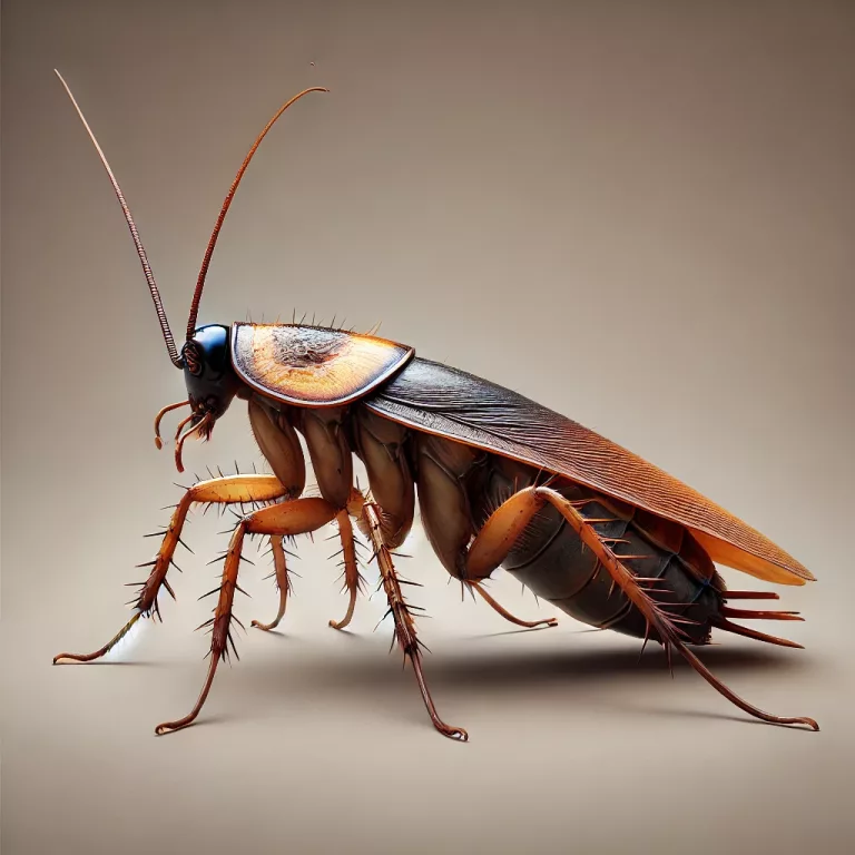 A highly realistic close-up side pose of a cockroach, using natural colors, showcasing fine details of the body, legs, and antennae.