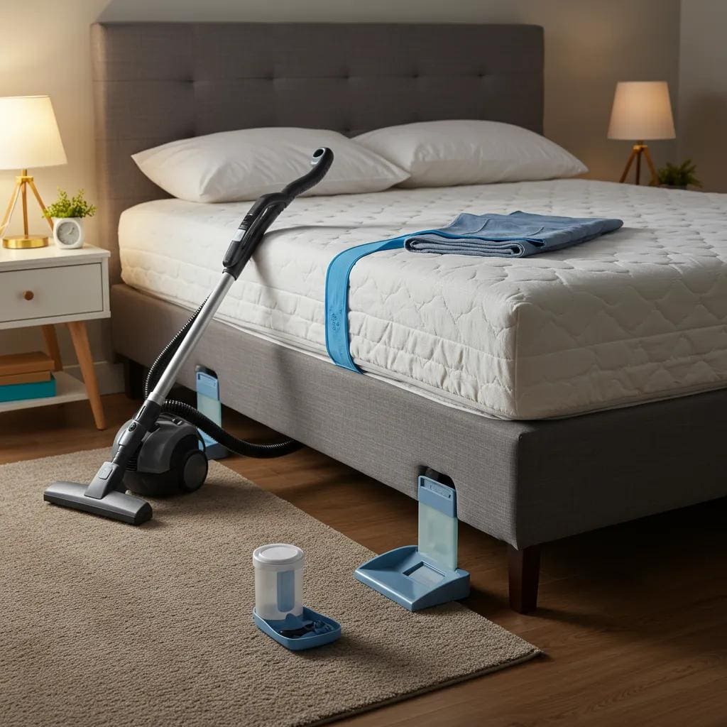A tidy bedroom showcasing bed bug prevention measures like mattress encasements and a vacuum cleaner