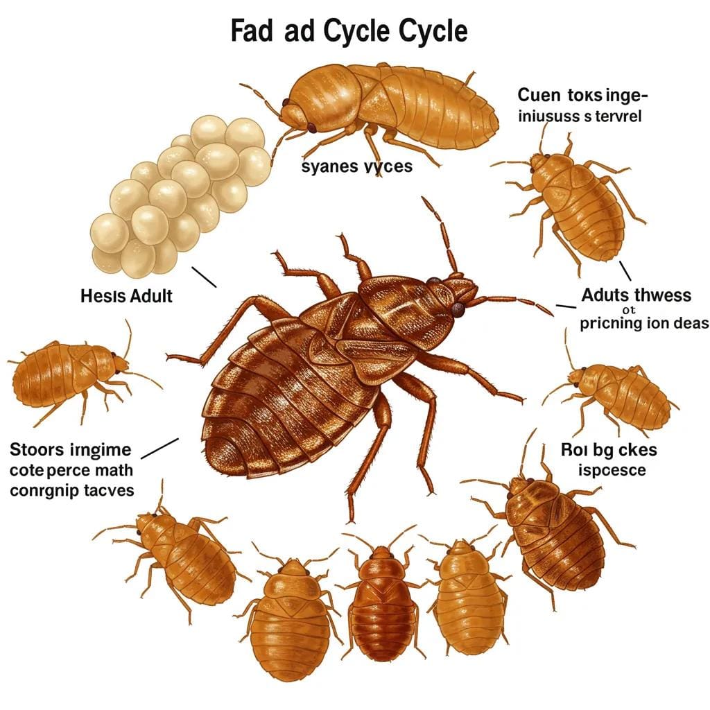 Diagram illustrating the different stages of the bed bug life cycle, from egg to adult
