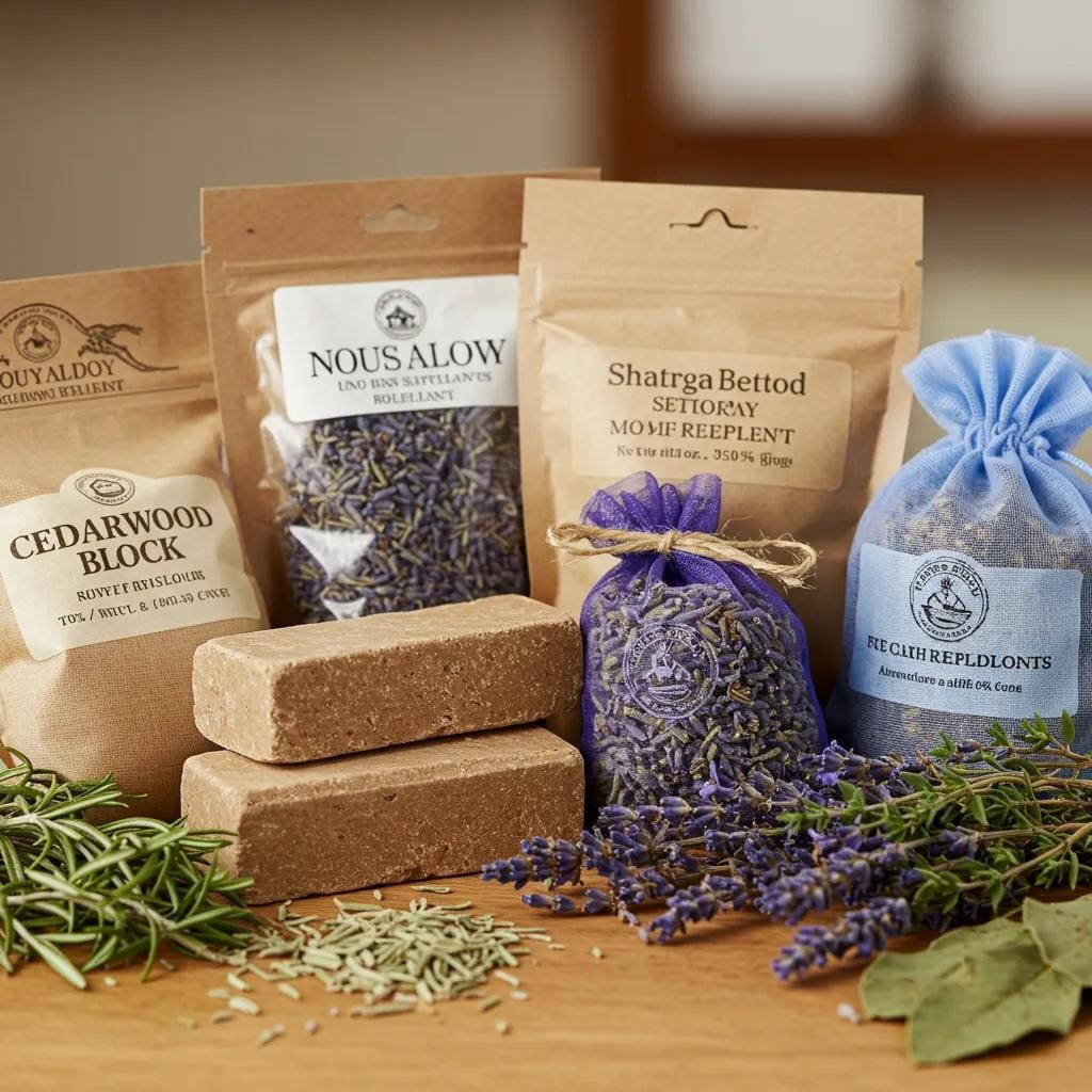 A visually appealing arrangement of natural moth repellents including cedarwood blocks, lavender sachets, and dried herbs, showcasing effective and attractive moth control methods