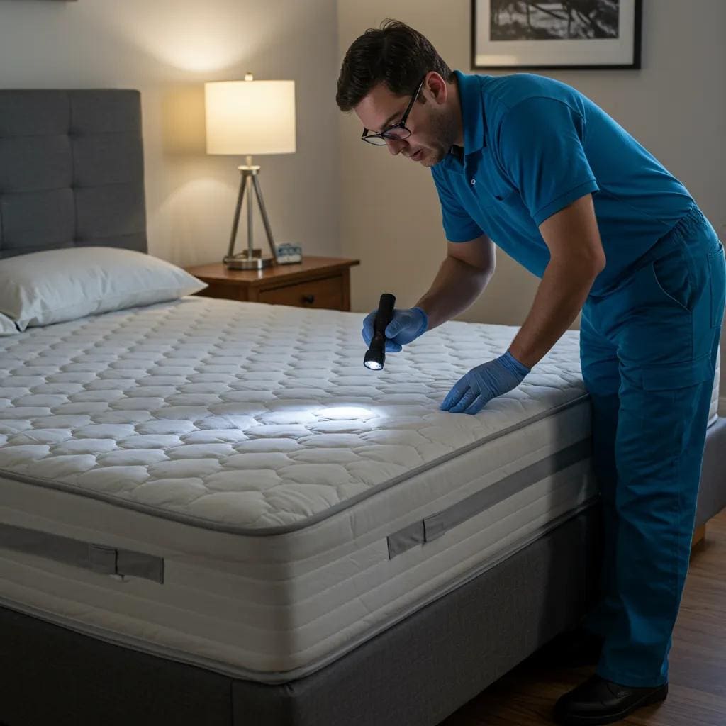 Pest control technician inspecting a bedroom for bed bugs with a flashlight