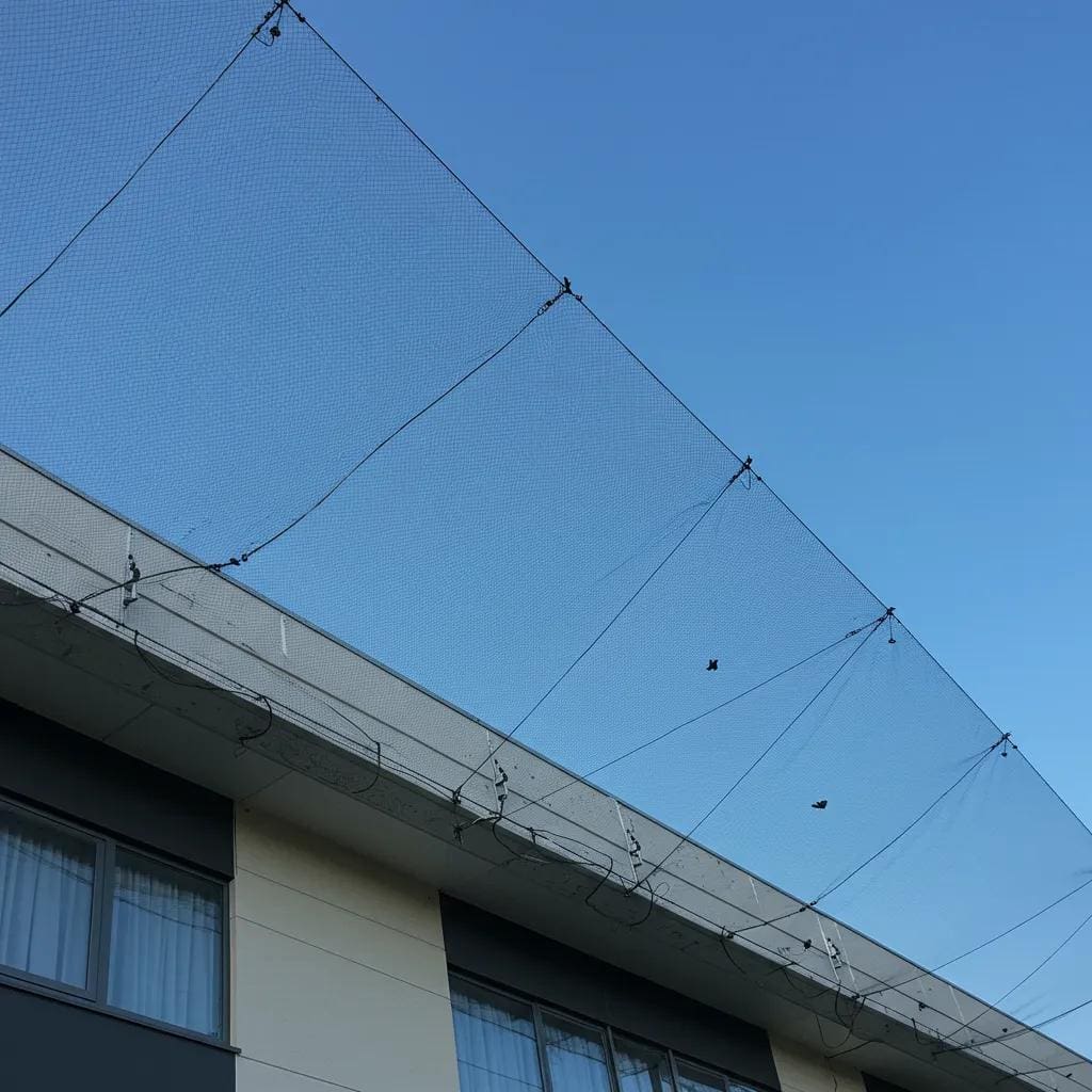 Professional bird netting installation on a building facade, showcasing effective bird control solutions