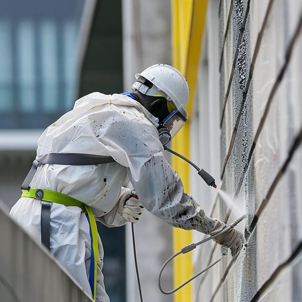 Technician in protective gear performing professional guano removal from a building ledge