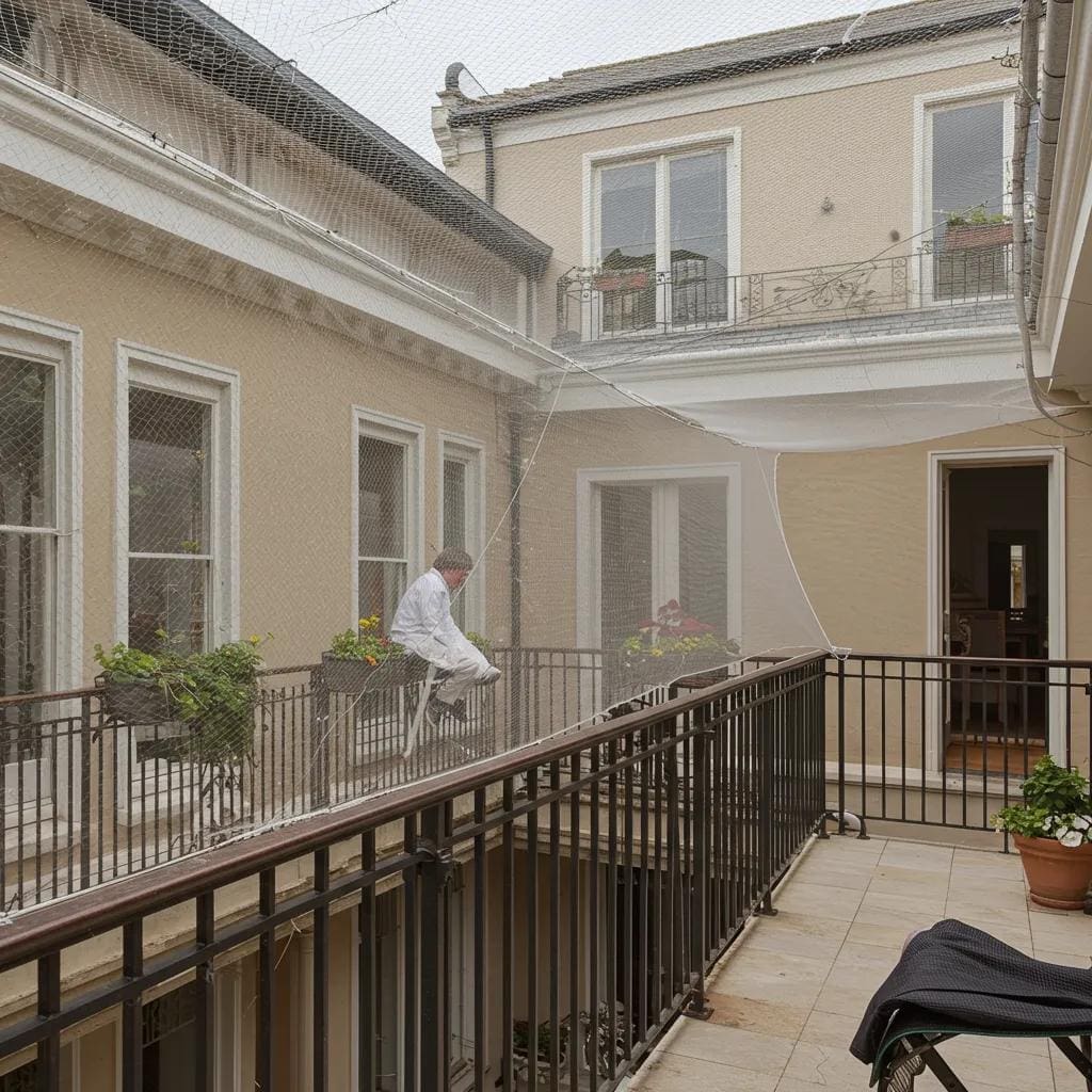 Bird netting installation over a balcony for comprehensive bird exclusion