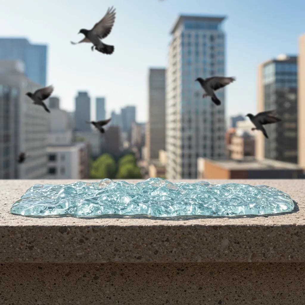 Bird repellent gel applied on a building ledge in an urban setting, demonstrating its effectiveness in bird control