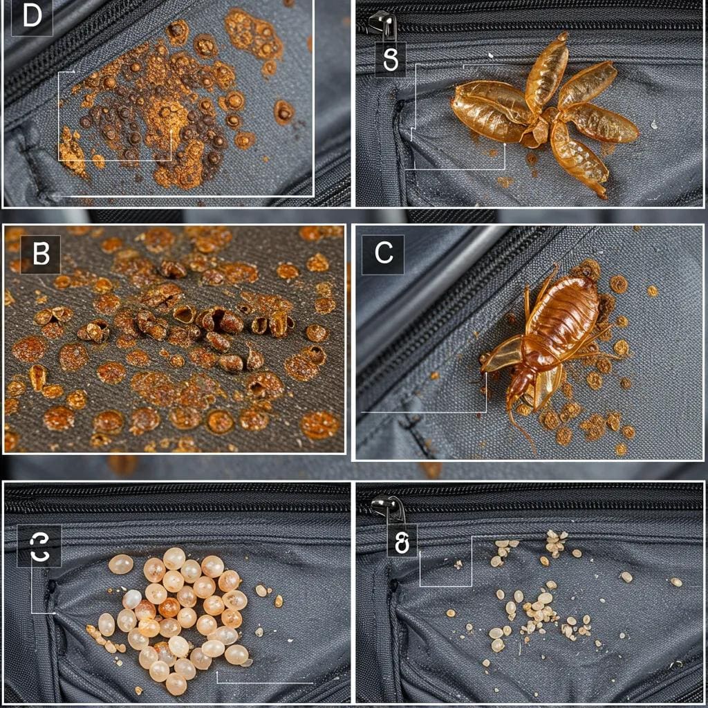 Close-up of common signs of bed bugs in luggage, including rusty spots and eggs