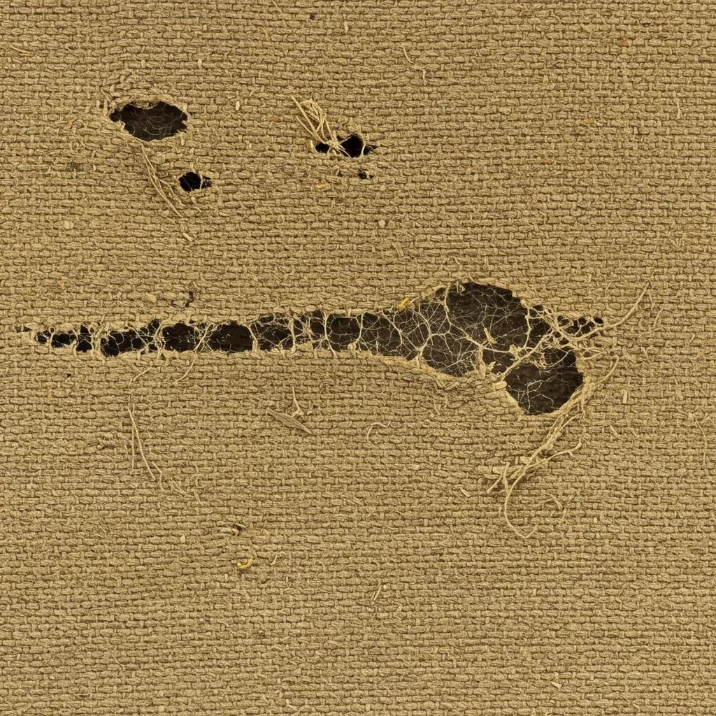 A close-up view of fabric revealing characteristic moth damage, including small holes and fine silken webbing