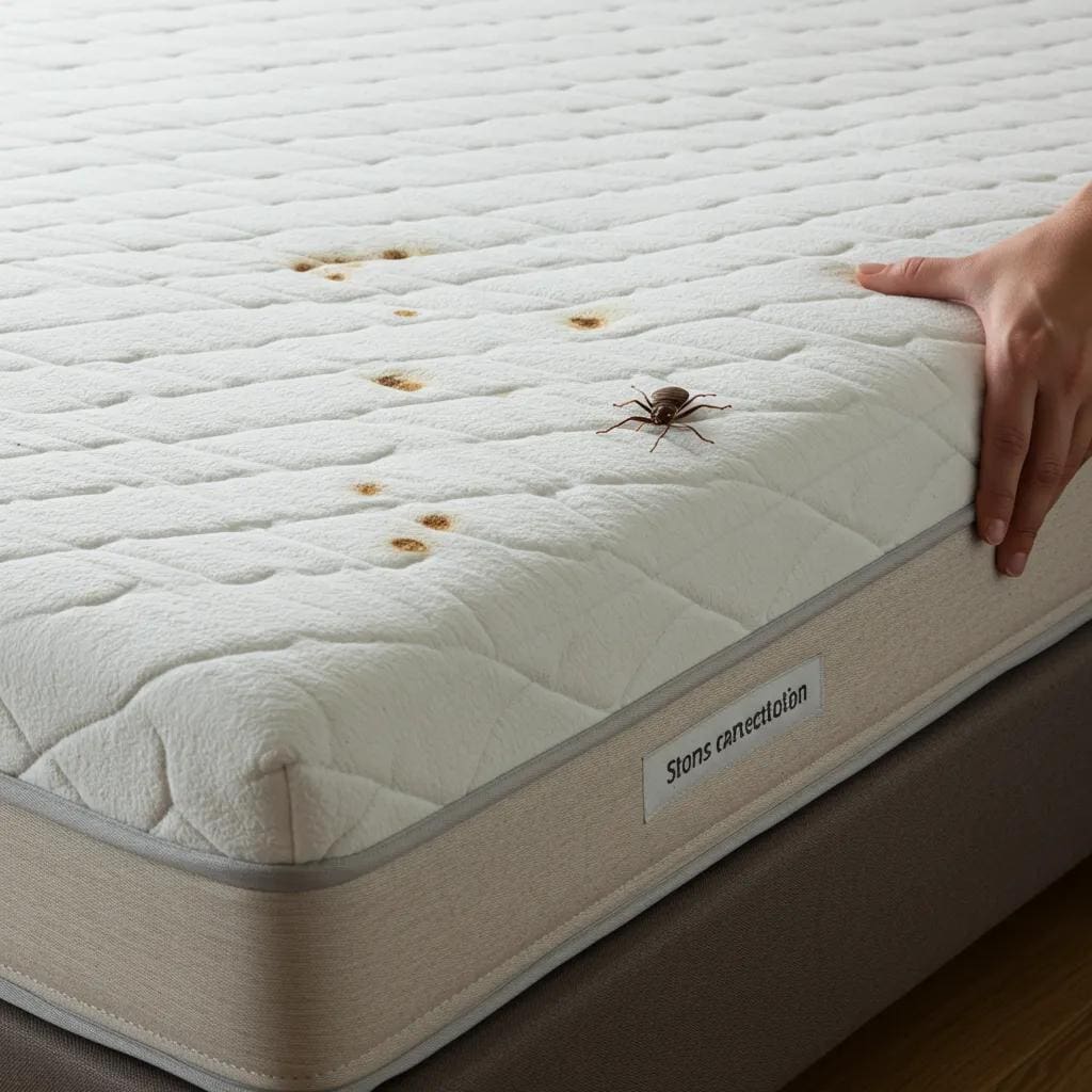 Close-up of hotel mattress inspection for bed bugs