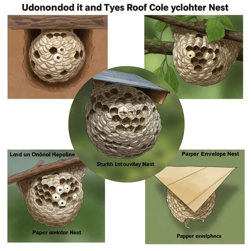 Illustration of different types of wasp and hornet nests in various environments