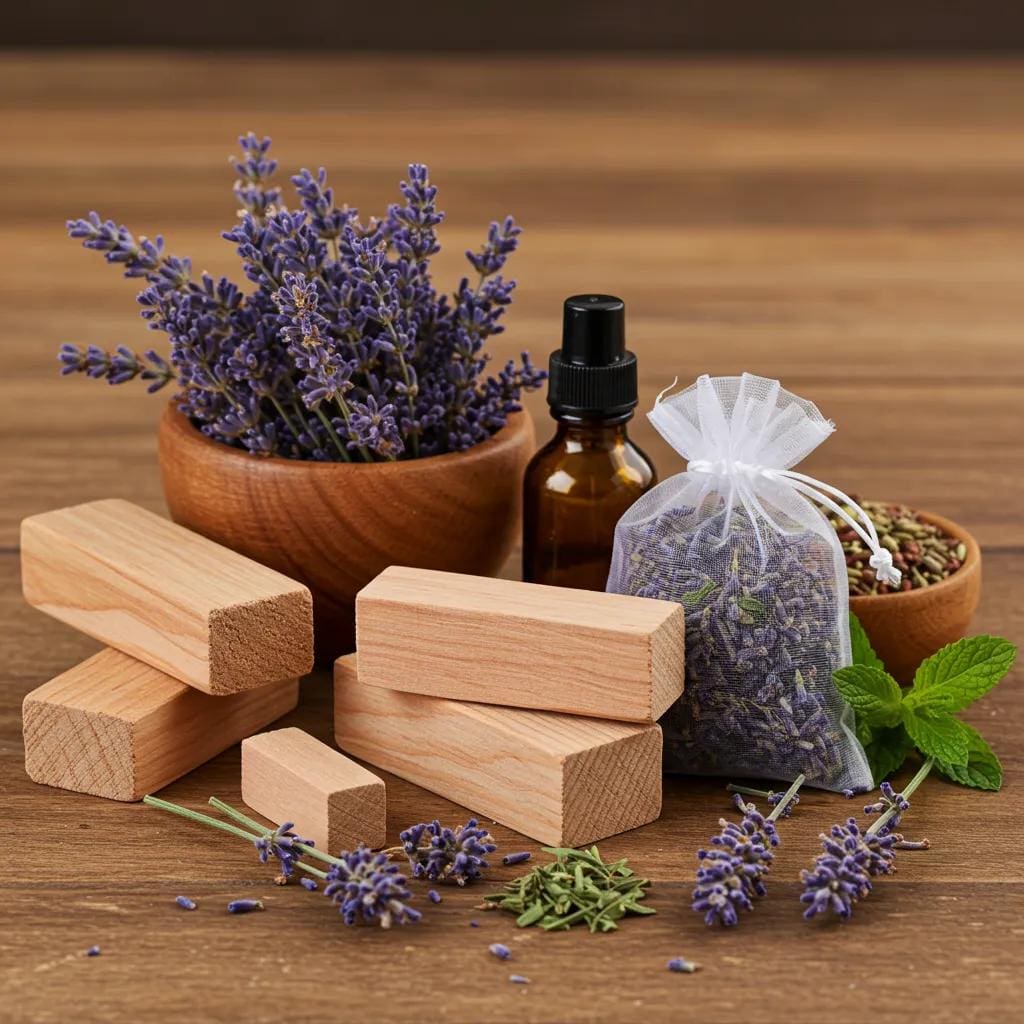 A collection of natural moth repellents, including cedar wood pieces and lavender sachets, arranged on a wooden surface