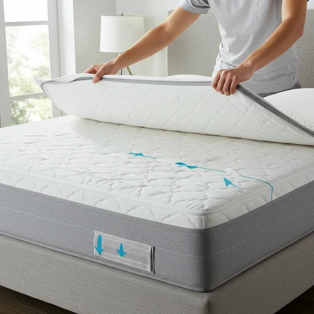 A person carefully fitting a bed bug mattress encasement onto a mattress, demonstrating the proper installation technique
