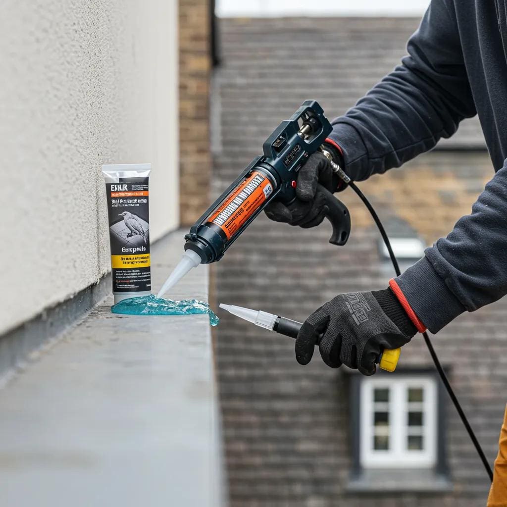 A technician applying bird repellent gel to a ledge using a caulking gun, demonstrating correct application techniques