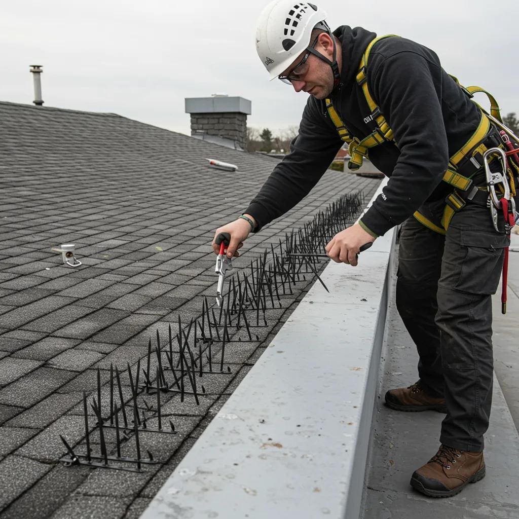 Technician installing bird spikes on a roof ledge for effective bird deterrence