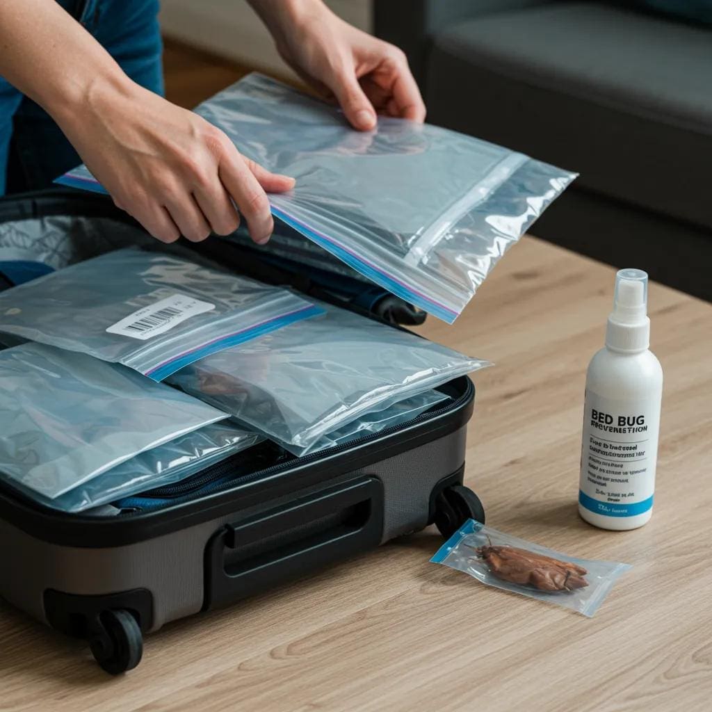 Traveler using effective bed bug prevention methods while packing luggage